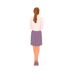 Young woman view from back, isolated flat cartoon character on white. Vector standing person, teenager or businesswoman, lady in skirt or dress