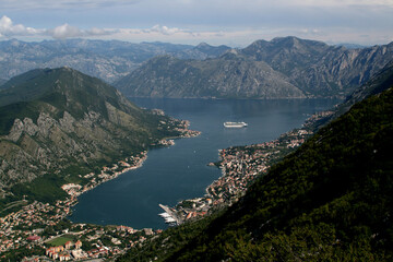 Fototapeta na wymiar Elevated view of Kotor with surrounding mountains and Bay of Kotor, Montenegro 