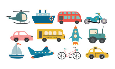Cute cartoon style transportation set. Vector illustrations.