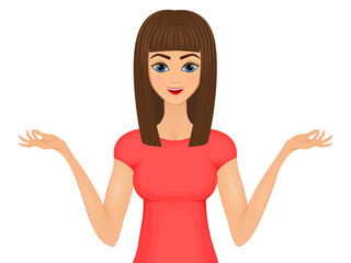 A smiling woman tells and shows the story. Cartoon style. Vector illustration.