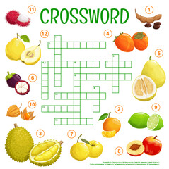 Cartoon tropical raw fruits. Crossword grid, find a word quiz game or educational vector riddle, crossword quiz with lychee, quince and mangosteen, tamarind, durian and pomelo, yuzu, nectarine fruits