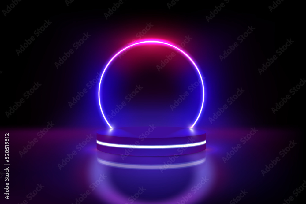 Poster realistic 3d blue pedestal podium in sci fi room. vector illustration of empty podium with light gra