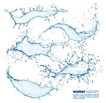 Blue water wave splash, swirl and flow. Isolated vector transparent liquid splashing fluids with droplets. Fresh drink jets, clear aqua falling or pour with air bubbles. Realistic 3d water splashes