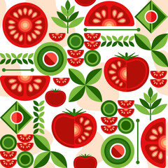 Tomato background with design elements in simple geometric style. Seamless pattern. Good for branding, decoration of food package, cover design, decorative print, background. Vector illustration