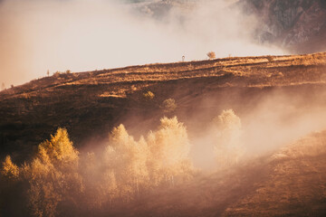 beautiful foggy autumn morning landscape in rural Transylvania