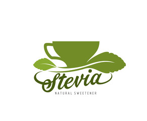 Stevia icon, cup and green leaf, natural sweetener and sugar substitute, isolated vector. Organic stevia leaves for sweet coffee or tea drink with zero calories and healthy herbal food sweetener