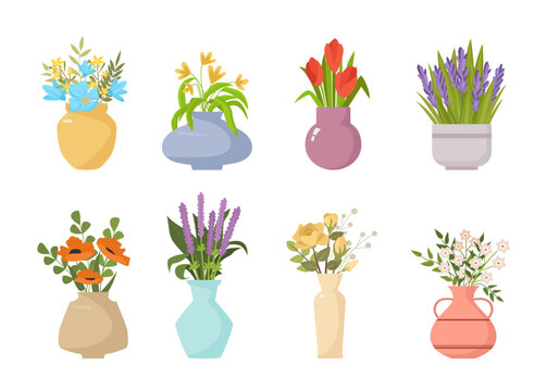 vase flowers. plants decoration beautiful flowers in pots or bottles with water blooming herbs tulip buds. Vector cartoon pictures isolated on white