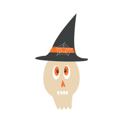 Funny skull with a witch's hat. Vector illustration for Halloween.