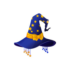 Halloween hat of cone shape with stars and golden ribbons with bow decoration isolated cartoon stargazer, witch or wizard headwear. Vector fairy godmother cap, magic Halloween holiday hat