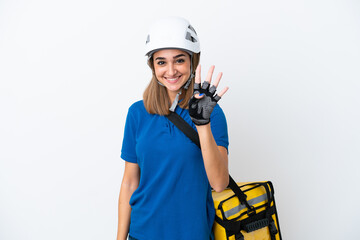 Young caucasian woman with thermal backpack isolated on white background happy and counting four with fingers