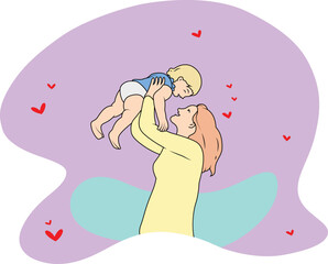 Vector Illustration of a woman holding a baby happily and looking at each other flat cartoon style