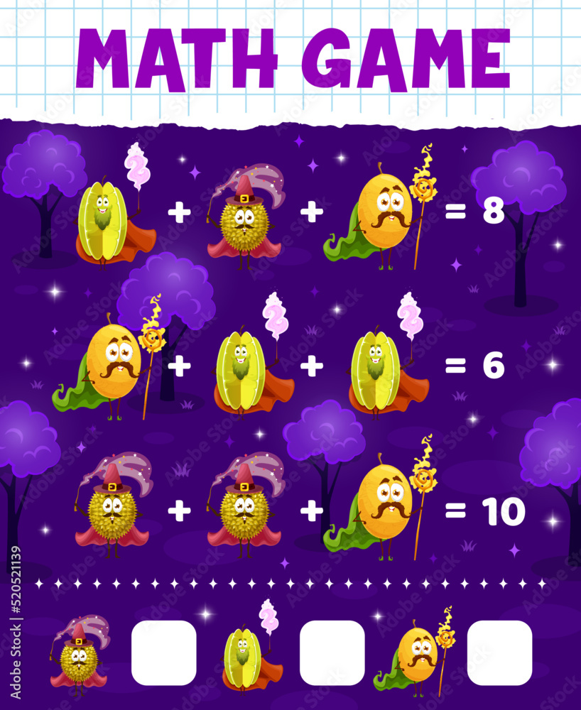 Poster carambola, durian and melon wizard characters math game worksheet, education maze. cartoon vector ed