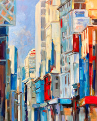 Fototapeta na wymiar Abstract Architecture. Oil painting on canvas. Cityscape. Wall art. Buildings. Design. 