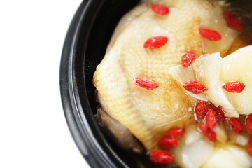 Korean food, hot pot Chinese medicine herbal wolf berry and chicken soup