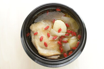 Korean food, hot pot Chinese medicine herbal wolf berry and chicken soup