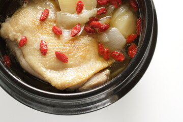 Korean food, hot pot Chinese medicine herbal wolf berry and chicken soup