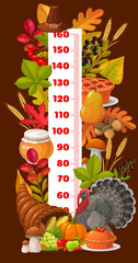 Kids height chart meter with Thanksgiving turkey, autumn harvest and corucopia. Children height vector meter, preschool child growth chart with holiday pie, pilgrim hat, ripe fruits and vegetables - obrazy, fototapety, plakaty