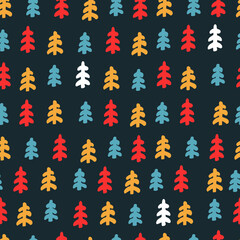 Seamless repeating pattern with snowy fir trees. Christmas, New Year Eve, winter concept. Dark blue background for for gift wrap, surface sign and other design projects