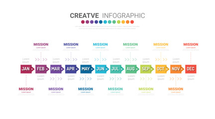 Timeline presentation for 12 months, 1 year, Timeline infographics design vector and Presentation business can be used for Business concept with 12 options, steps or processes. 