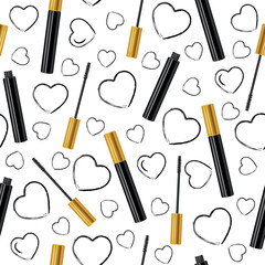 Seamless pattern with mascara in a closed tube and with a brush and black hearts isolated on a white background.