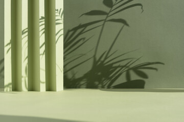 Abstract green background with shadow of palm leaves for the presentation of a cosmetic product. A...