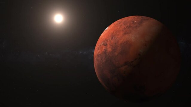 Wide-field view of mars and the sun in outer space. Close up on the surface of rotating Mars.