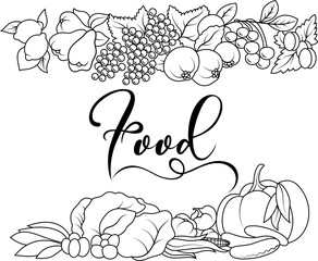 Food. Outline drawing with an inscription. Assorted fruits. Assorted vegetables. Grape. Peach. Pear. Cherry. Plum. Lemon. Cabbage. Tomatoes. Cucumbers. Pumpkin. Greens.