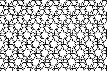 Seamless pattern completely filled with outlines of recycling symbols. Elements are evenly spaced. Vector illustration on white background