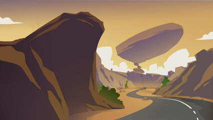 Illustration of the road with Hills arround it in afternoon setting Flat color style Illustration