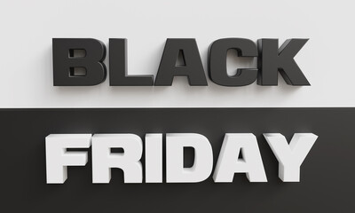 Black Friday Sale banner or poster with modern 3D geometry design template, shopping symbol, creative background. Discount, special offers promotion, shopping advertisement. 3D illustration