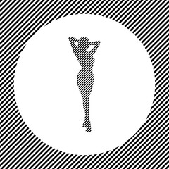 A large sexy woman image in the center as a hatch of black lines on a white circle. Interlaced effect. Seamless pattern with striped black and white diagonal slanted lines