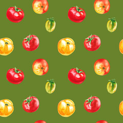 Hand painted watercolor delicious ripe tomatoes illustration isolated on white background. Hand painted seamless pattern, wallpaper, wrapping paper