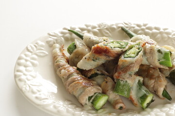 Asian food, Okra and belly pork roll fried with  copy space