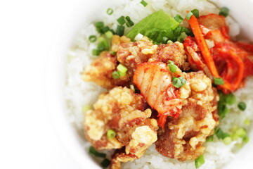 Korean style cafe food, fried chicken and Kimchi on rice with spring onion
