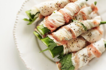 belly pork and Okra roll with black pepper with copy space