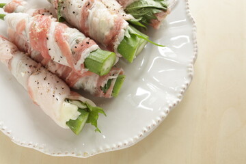 belly pork and Okra roll with black pepper with copy space
