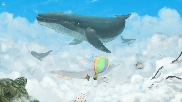 illustration of A fantasy Whale that swings in the sky with other sea animals around it Painting Illustration Style 