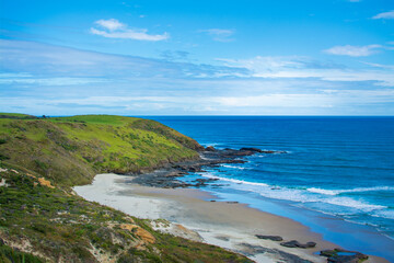 Fototapeta premium A narrow beach at the bottom of the hills. South Head facing Tasman Sea, Hokianga, Northland, New Zealand