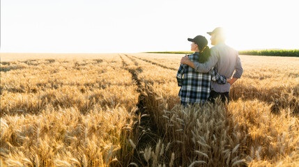 A couple of farmers in plaid shirts and caps stand embracing on agricultural field of wheat at sunset © scharfsinn86