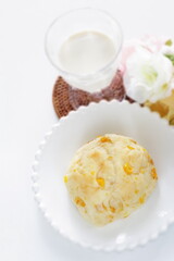 Sweet corn bread on white dish for breakfast image