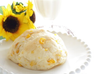 Sweet corn bread on white dish for breakfast image