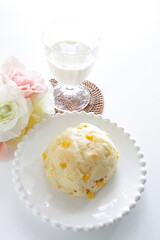Sweet corn bread on white dish for breakfast image