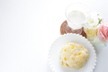 Sweet corn bread on white dish for breakfast image