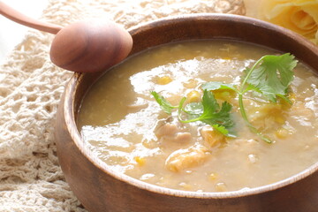Chinese soup, chicken and egg with coriander leaves soup