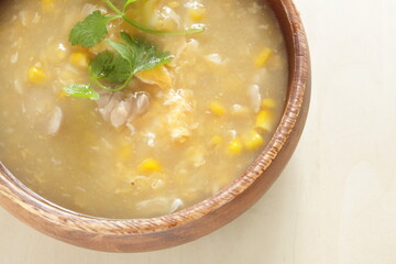 Chinese soup, chicken and egg with coriander leaves soup