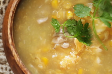 Chinese soup, chicken and egg with coriander leaves soup