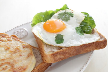 Sunny side up fried egg and coriander leaf open sandwich for gourmet breakfast
