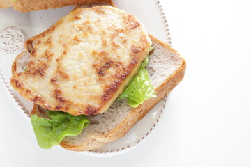 Pan fried Swordfish fillet in sandwich for homemade breakfast