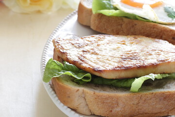 Pan fried Swordfish fillet in sandwich for homemade breakfast