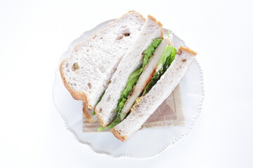 Homemade swordfish fillet and lettuce sandwiches on dish with copy space